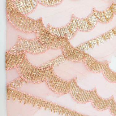 Salmon Pink Net Scallop Lace Trim with Gold Sequins, Sari Border, Embroidered Trim